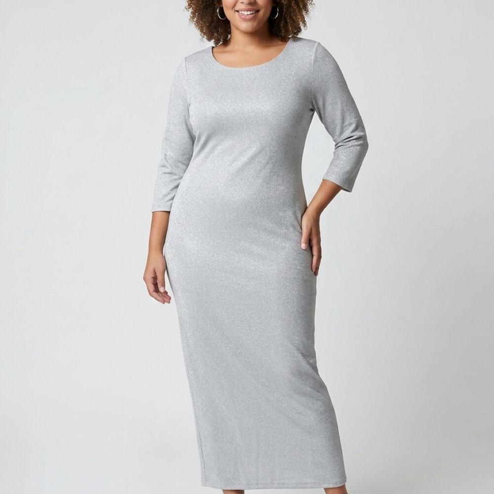 Unique Vintage Women's Silver Ribbed Knit Maxi Evening Dress